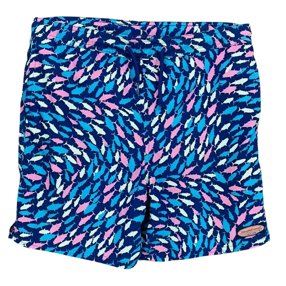 Vineyard Vines Mens Large Blue Pink Fish Print‎ Swim Trunks Board Shorts Mesh